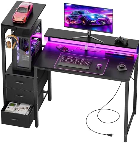 HLDIRECT 44 Inch Gaming Desk with Power Outlets & LED Lights, Black by HLDIRECT