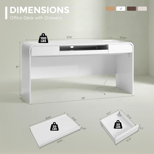 63" Modern Computer Desk with 2 Drawers, Wood Curved (White) - Image 2