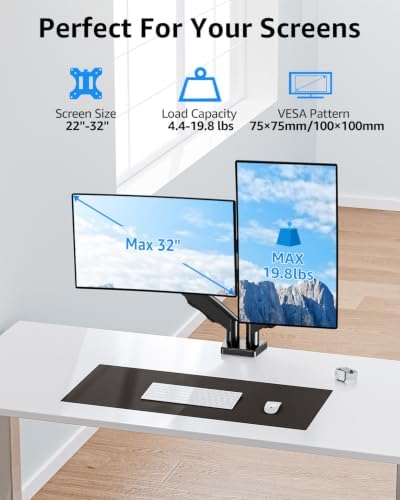 Dual Monitor Stand fits up to 32 inch, 4.4-19.8 lbs Computer Screens, Dual Monitor Desk Mount Height Adjustable, Monitor Arms for 2 Monitors, Home Office VESA Mounts, Freelift Black - Image 2