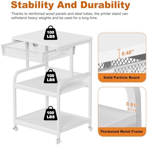EasyCom Large Printer Stand with Drawer, 3-Tier Industrial Rolling Cart - Image 6