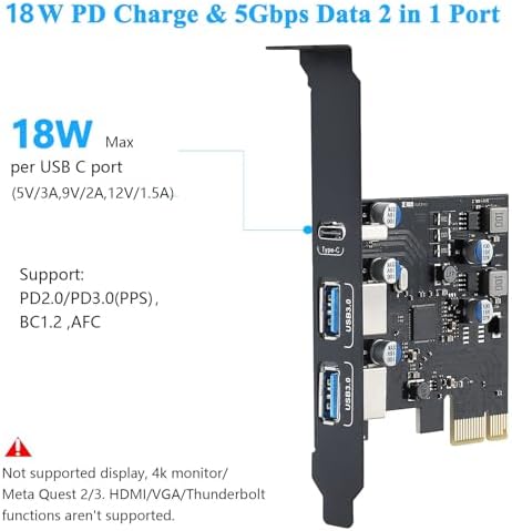 USB PCIE Card 18W Power Delivery, PCI Express 3 Port (Type C, 2X Type A) - Image 2