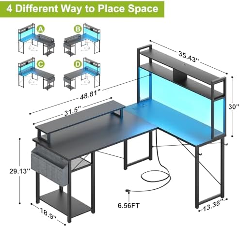 Besiost 48" Small L Shaped Desk Gaming Desk with Power Outlets & Led Lights - Image 2