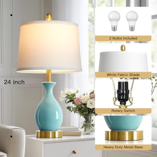 24" Aqua Blue Ceramic Table Lamps Set of 2, Modern Classic Bedside Lamps for Bedroom Nightstand, Small Table Lamp for Living Room End Table (2 LED Bulbs Included) - Image 2
