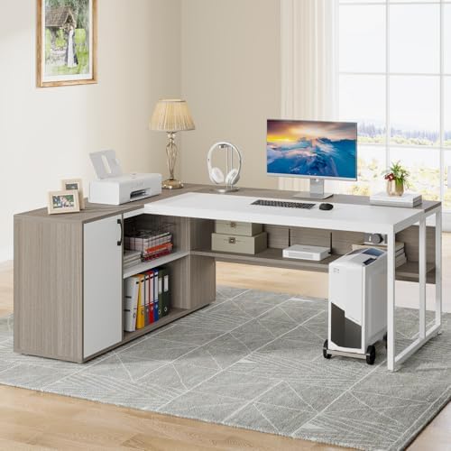 Tribesigns 71 inch Executive Desk, L Shaped Desk with Cabinet Storage, Executive Office Desk with Shelves, Business Furniture Set Workstation for Home Office, Gray and White - Image 6