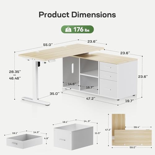 Marsail L-Shaped Executive Standing Desk with File Cabinet, 55" x 24" Electric Height Adjustable Stand up Desk, One-Whole Piece Desktop, Home Office Modern Computer Deskwith 4 Memory Presets - Image 3