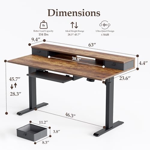 Klicelor 63 x 24 Inch Electric Standing Desk with Drawers and Keyboardtray, Adjustable Height Small Sit Stand Desk for Home Office, Compact Computer Workstation with Storage- Rustic Brown - Image 3