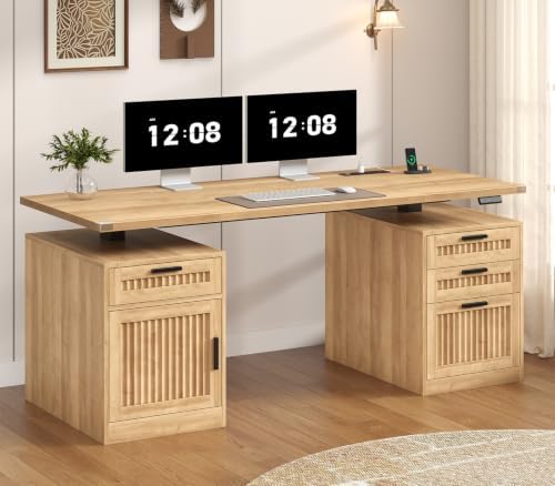 60" Fluted Electric Standing Desk with Drawers for Home Office, Oak by YomiluveDesign