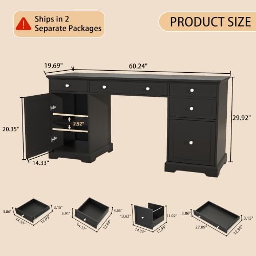 Black Executive Desk with Drawers: 60" Farmhouse Home Office Desks - Image 2
