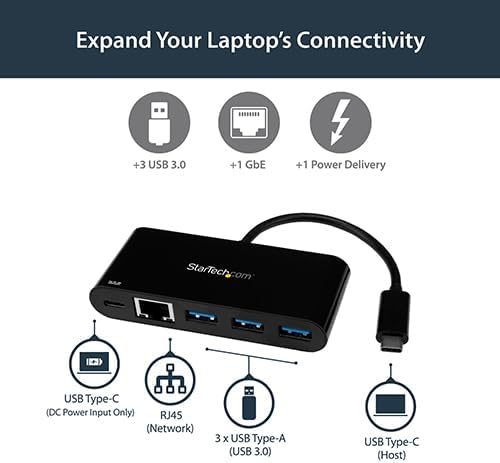 StarTech.com USB C to Ethernet Adapter - 3 Port - with Power Delivery (USB PD) - Power Pass Through Charging - USB C Adapter (US1GC303APD) Black - Image 2