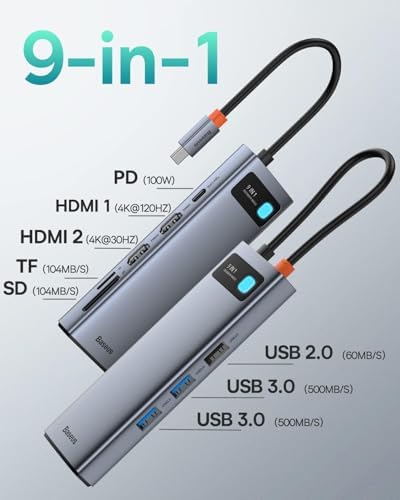 Baseus Laptop Docking Station Dual Monitor 9 in 1 USB C Hub up to 4K@120Hz - Image 2