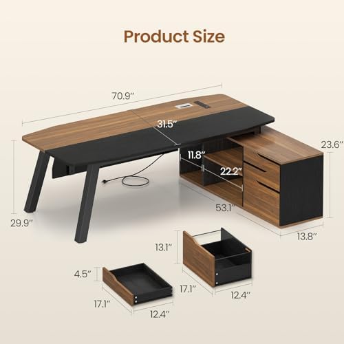 SEDETA 71" L Shaped Executive Desk with File Cabinet & Power Outlet - Image 2