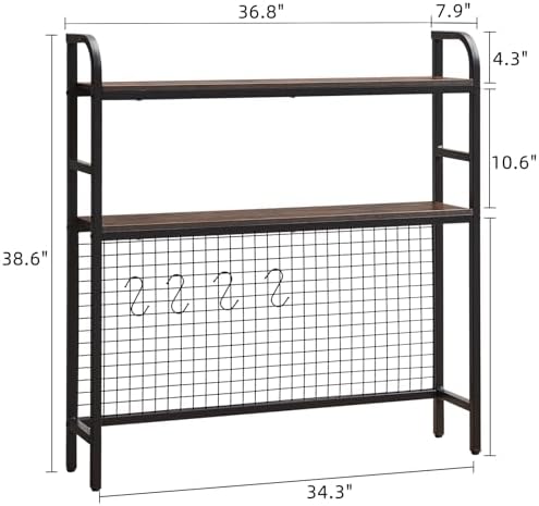 Desk Shelf, 36.8” Desktop Organizer Shelf with Grid Panel and Hooks, Desk Hutch for Computer Monitor, 2 Tier Desk Display Rack Wood Desktop Bookshelf Storage for Home Office Dorm (Rustic Brown, 36.8") - Image 3
