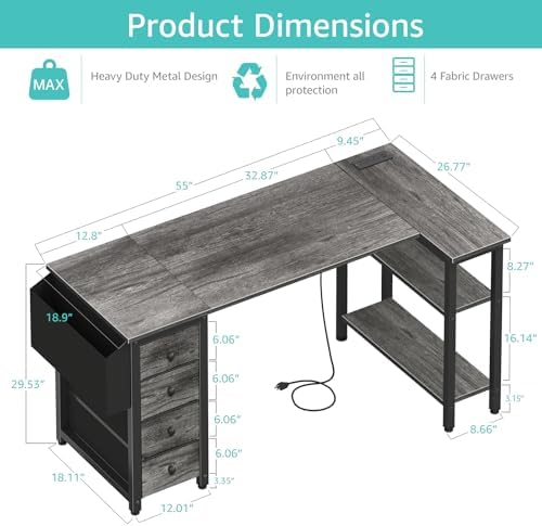 Lufeiya L Shaped Gaming Desk with Drawers & Storage Shelves, 55 Inch Corner Computer Desk with Power Outlet for Home Office Bedroom, L-Shaped Teen PC Desks with Fabric Drawer, Gray - Image 3