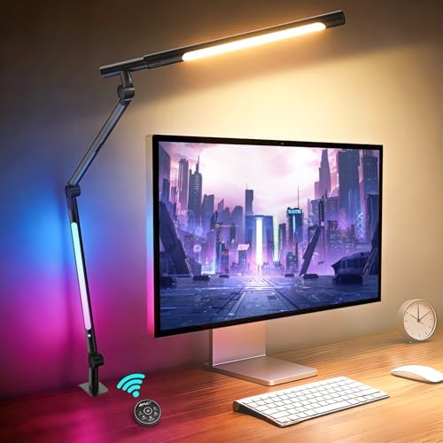 LED Desk Lamp with Clamp, Adjustable Swing Arm RGB Desk Light with Remote, Eye-Caring 4 Modes Stepless Dimming Lamp for Home Office Reading Study Gaming by YULINKCOLighting