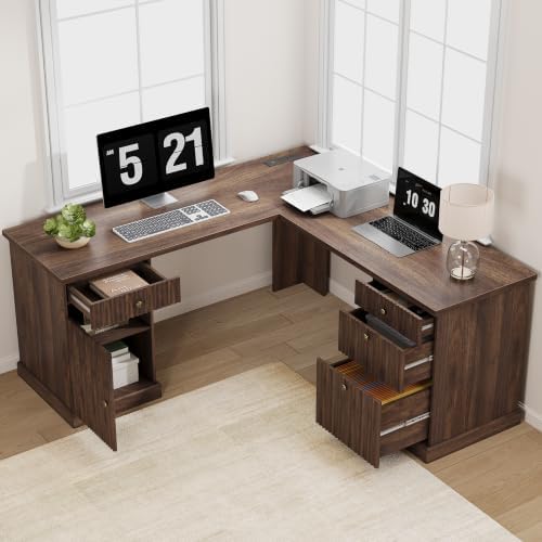 Garvee 60" Fluted L Shaped Desk with File Drawer, Corner Desk with Storage - Image 3