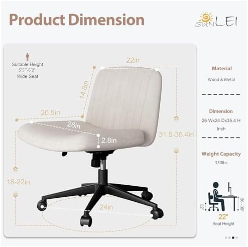SUNLEI Cross Legged Office Chair with Wheels, Armless Wide Chair's for Vanity Desk, Criss Cross Comfy Chairs with Back, Desk Chair/s of Height Adjustable Swivel, White - Image 4