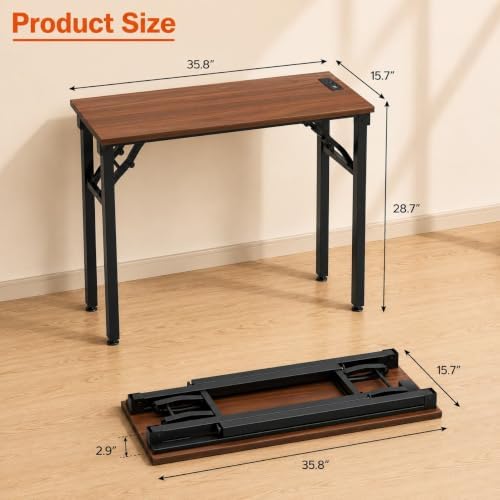 Folding Table Computer Desk - 35.8" No Assembly Folding Desk with Power Outlets & USB Charging Port, Small Desk, Foldable Office Desk, Compact Storage Portable Use for Small Space, Dark Walnut - Image 3