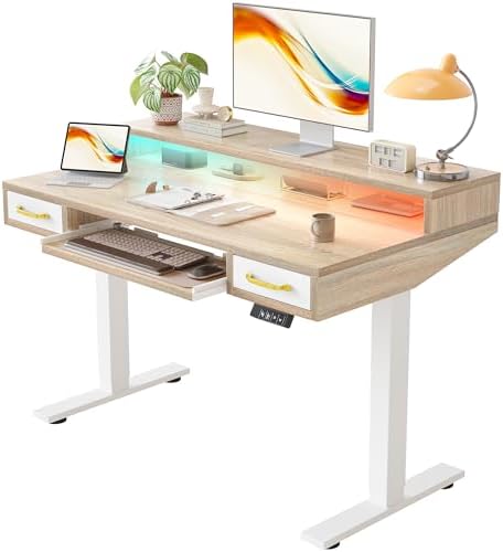 TIQLAB Standing Desk with Two Drawers, Stand Up Standing Desk Adjustable Height, Electric Sit Stand Table with Storage Shelf and Splice Board, with LED Light, 47 * 28 inch, Maple by TIQLAB