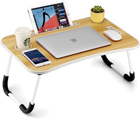 FISYOD Foldable Laptop Table, Portable Lap Desk Bed Table Tray, Laptop Stand with Cup Holder & Tablet Slot & Lifting Handle for Working Writing Drawing & Eating (Wood) by FISYOD