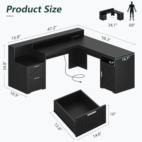 63" Farmhouse L Shaped Desk with Drawers & Printer Shelf for Home Office - Image 2