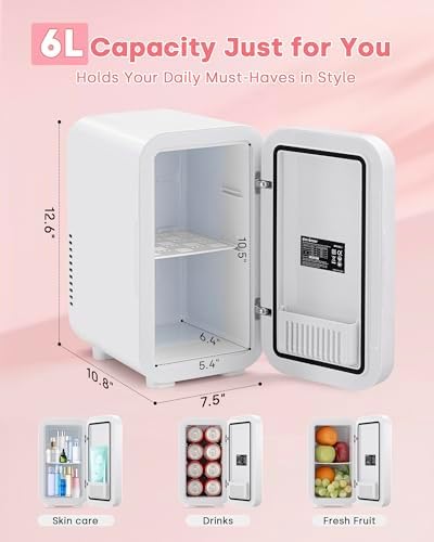Enventor Mini Fridge with Dimmable LED Mirror, 6L/8 Can, AC/DC Power, White - Image 5