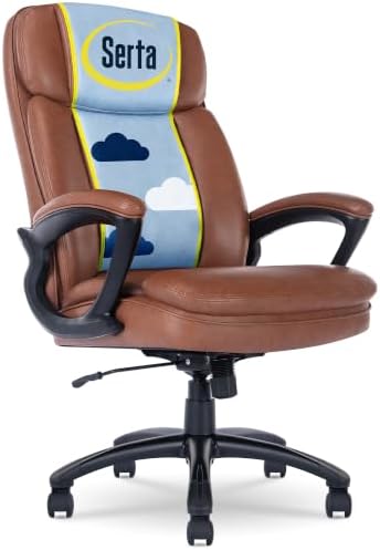 Serta Fairbanks Big & Tall Executive Office Chair, Ergonomic High-Back with Lumbar Support, Semi-Plush Seat Cushion and Body Pillows, Padded Armrests, Nylon Swivel Base, Bonded Leather, Cognac Brown by Serta