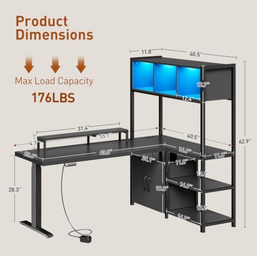 RALGEND 55'' L Shaped Standing Gaming Desk, LED Sit Stand Desk with Storage - Image 2