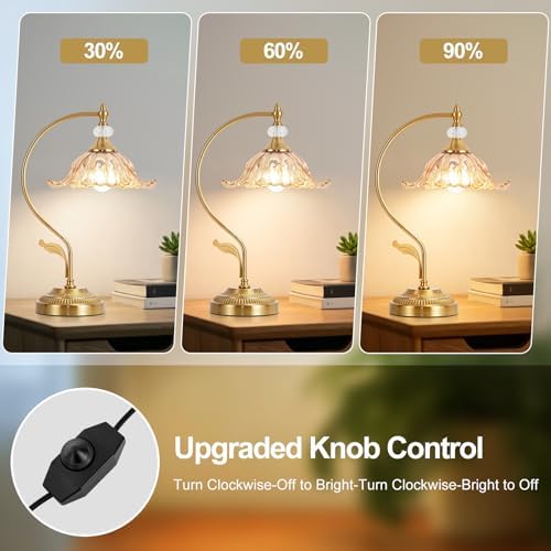 Vintage Floral Table Lamp, Plug in Mid-Century Modern Desk Lamp with Amber Glass Shade, Gold Bedside Table Lamp Dimmable for Bedroom Living Room Home Office, E26 Base, UL Listed - Image 2