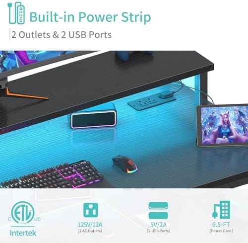 Lufeiya Black Gaming Desk with LED Lights and Power Outlets, 40 Inch Teen Writing Study Table Home Office Desks with Monitor Stand, Computer Desk with Charging Station USB Port, Black - Image 6