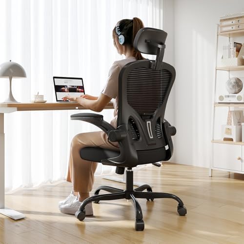 Office Chair Ergonomic Desk Chair, 330LBS Capacity, High Back Computer Chair for Long Hours Comfortable, Rolling Swivel Executive Task Chair for Home Office with Flip-up Armrests, Black by Synorla