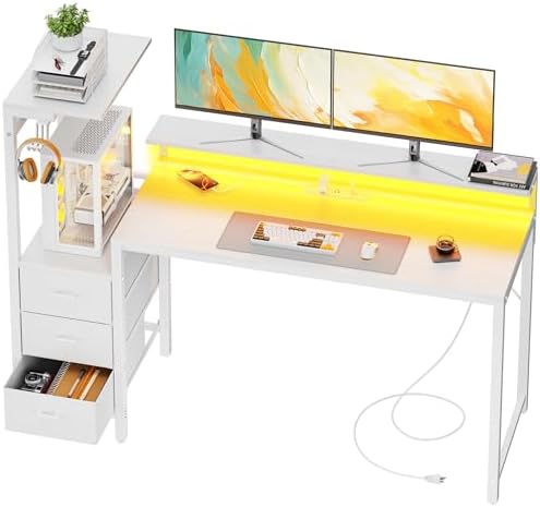HLDIRECT 60 Inch Gaming Desk with Power Outlets & LED Lights, White by HLDIRECT