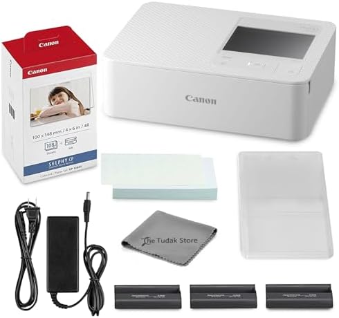 Canon Selphy CP1500 Photo Printer Bundle (White) with KP-108 Paper (108 Sheets) 3 Color Ink Cartridges & Tudak Cleaning Cloth – Wireless Compact Dye-Sub Printer Kit by Unknown