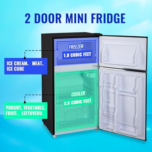 Mini Refrigerator with Freezer Small Fridge Double Door Side Drink Holder Adjustable Glass Shelves, Plastic Crisper, 7 Level Temperature Control for Bedroom, Office, Apartment Black - Image 3