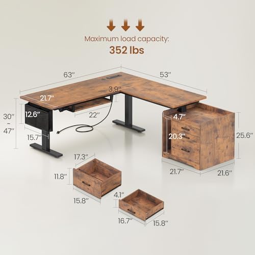 SEDETA L Shaped Standing Desk with File Cabinet, 3 Drawers, Power Outlet - Image 2