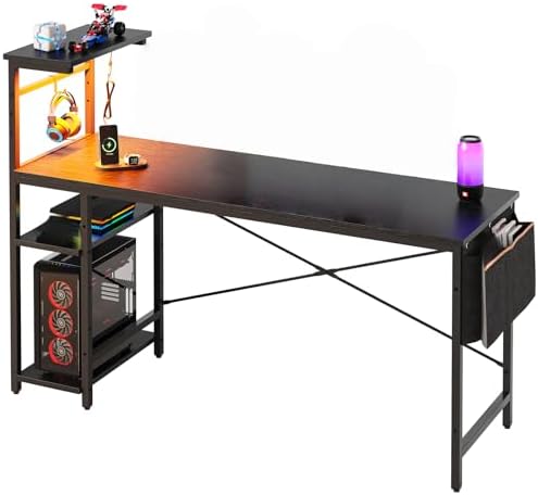 Bestier 61 Inch Gaming Desk with LED Lights, Reversible Shelves, Height Adjustable Shelf, Steel Frame, CARB P2 Class Board, Black 3D Carbon Fiber by Bestier