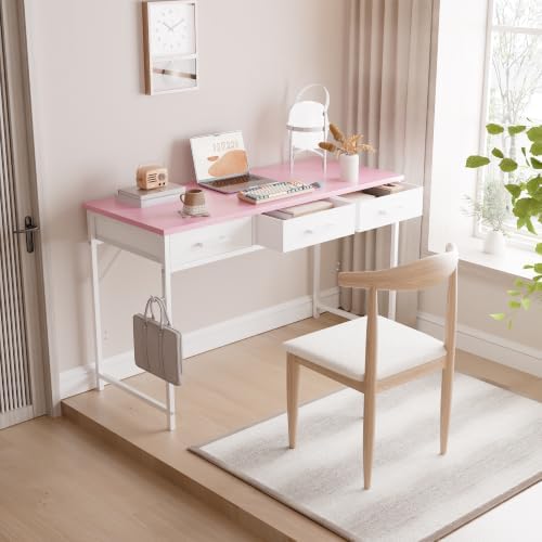 Pamray 47 Inch Small Computer Desk with 3 Drawers for Bedroom Study Writing Home Office Table for Small Spaces Pink - Image 2