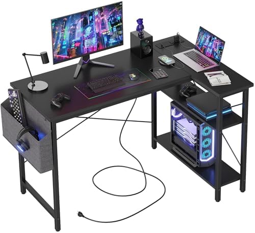 TIQLAB L Shaped Computer Desk with Power Outlets, 47 Inch Small Corner Desk with Reversible Shelves, Gaming Desk Computer Table Study Writing Table for Home Office Bedroom Small Space, Black by TIQLAB