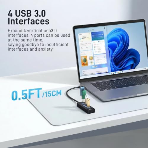 USB Hub 4 Ports, Multiple USB 3.0 Hub, USB-A Splitter for Laptop with Type-C Power Port, Extender for A Port Laptop, PC Desktop and More(0.5ft) - Image 2