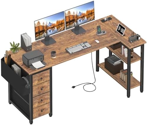 Lufeiya L Shaped Computer Desk with Drawers & Storage Shelves, 63 Inch Corner Desk with Power Outlet for Home Office Bedroom, L-Shaped Teen PC Gaming Desks with Fabric Drawer, Rustic Brown by LUFEIYA