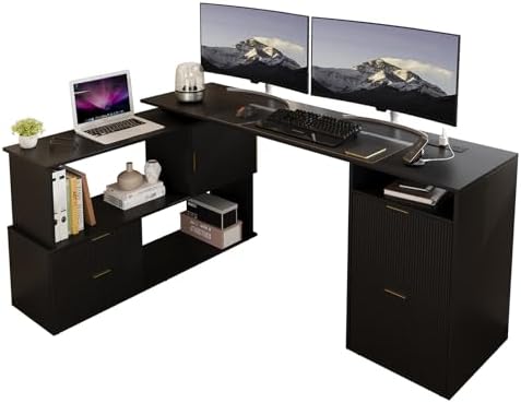 L-Shaped Desk with Drawers & Power Outlet, 180 Rotating Corner Computer Desk with Storage, 66 Inch Office Desk with 5-Drawer, Space-Saving Modern L-Shaped Workstation, Black by vividwood