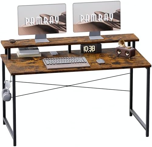 Pamray 47 Inch Small Computer Desk with Monitor Stand, Simple Office Desk with Headphone Hook for Small Spaces, Kids Study Writing Table for Bedroom, Vintage by PAMRAY