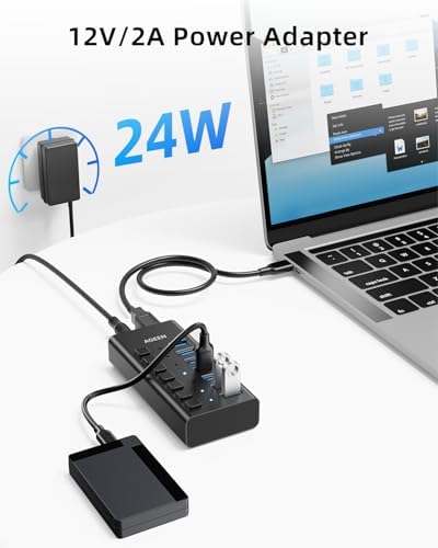 AGEEN 7-Port Powered USB 3.2 Hub, 10Gbps Data Transfer, 24W Power Adapter - Image 4