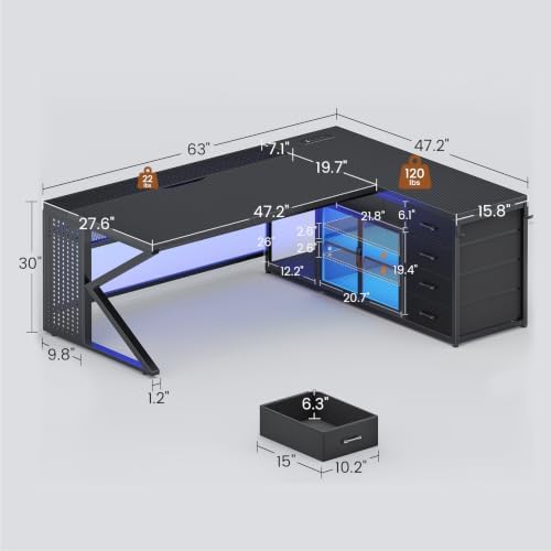 SEDETA 63"x27.6" L Shaped Gaming Desk with 4 Drawers, Carbon Fiber Black - Image 2