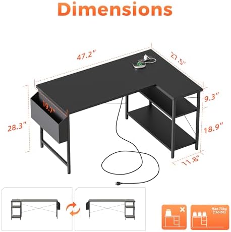 Mericonia 47 inch Corner Desk with Shelves, Small L Shaped Gaming Desk - Image 2