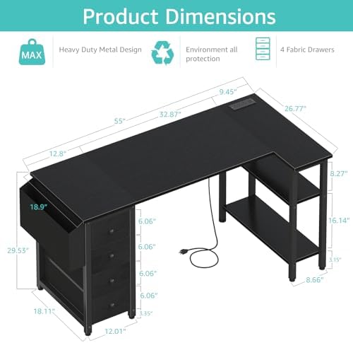 Lufeiya L Shaped Gaming Desk with Drawers & Storage Shelves, 55 Inch Corner Computer Desk with Power Outlet for Home Office Bedroom, L-Shaped Teen PC Desks with Fabric Drawer, Black - Image 3