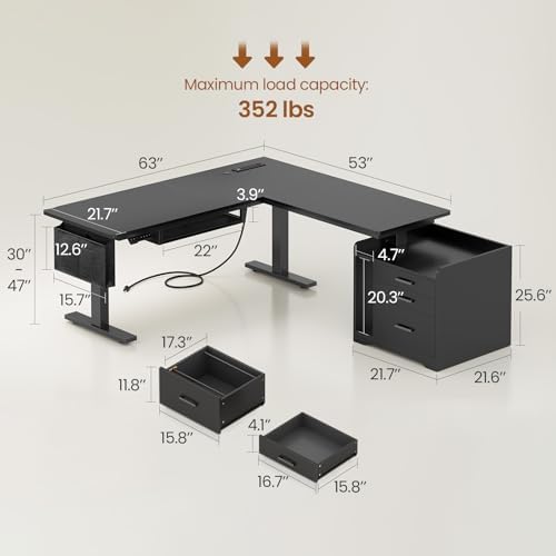 SEDETA L Shaped Standing Desk with File Cabinet, 3 Drawers, Power Outlet - Image 2