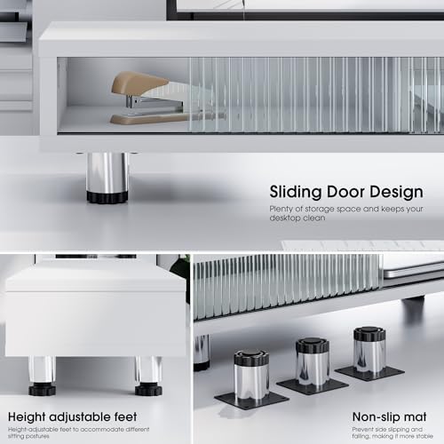 Fenge Dual Monitor Stand with Storage, Desk Shelf with Glass Sliding Door - Image 4