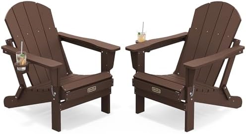 SERWALL Outdoor Folding Adirondack Chairs Set of 2 with Cup Holder, Coffee by SERWALL