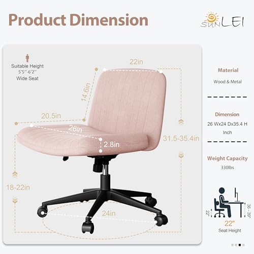 SUNLEI Cross Legged Office Chair with Wheels, Armless Wide Chair's for Vanity Desk, Criss Cross Comfy Chairs with Back, Desk Chair/s of Height Adjustable Swivel, Pink - Image 2