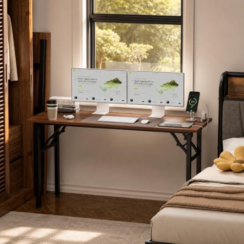 Folding Table Computer Desk - 55.1" No Assembly Folding Desk with Power Outlets & USB Charging Port, Small Desk, Foldable Office Desk, Compact Storage Portable Use for Small Space, Dark Walnut - Image 2